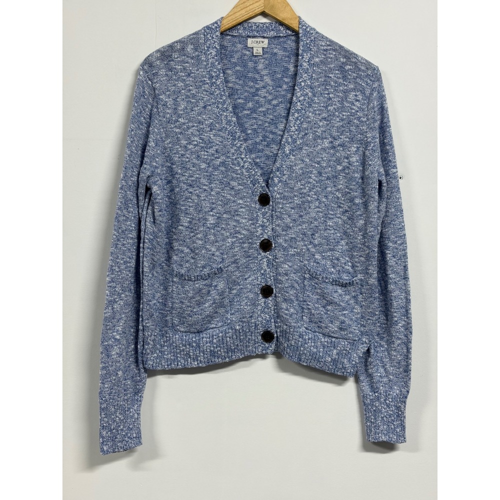 J.Crew Women's L Blue White Marled Knit Cardigan Button Front Cotton Sweater